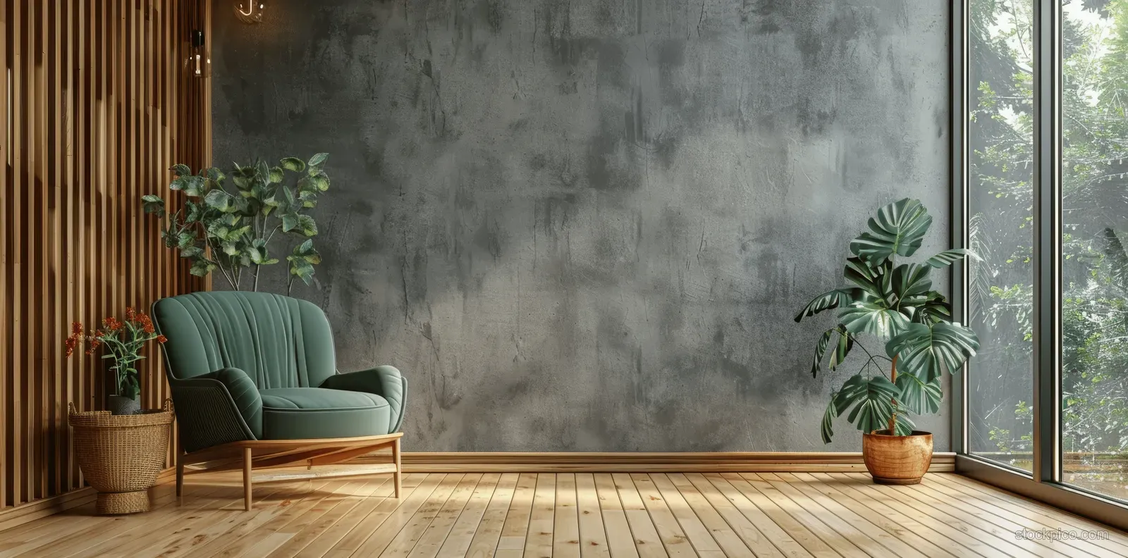 Green velvet armchair in a minimalist room with textured concrete wall, wooden slat accents, potted plants, and floor windows.