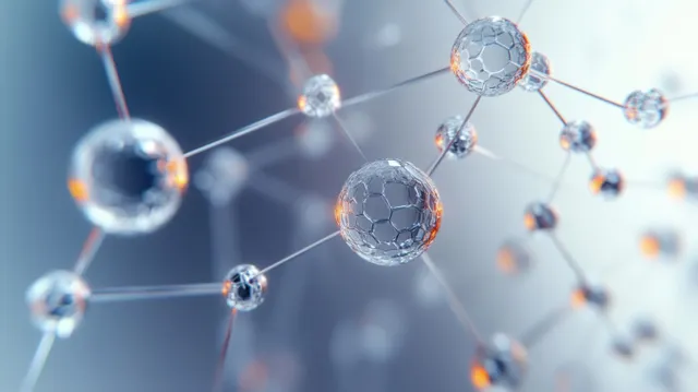 Transparent molecular spheres are linked by thin wireframe bonds across a soft blue scientific background.