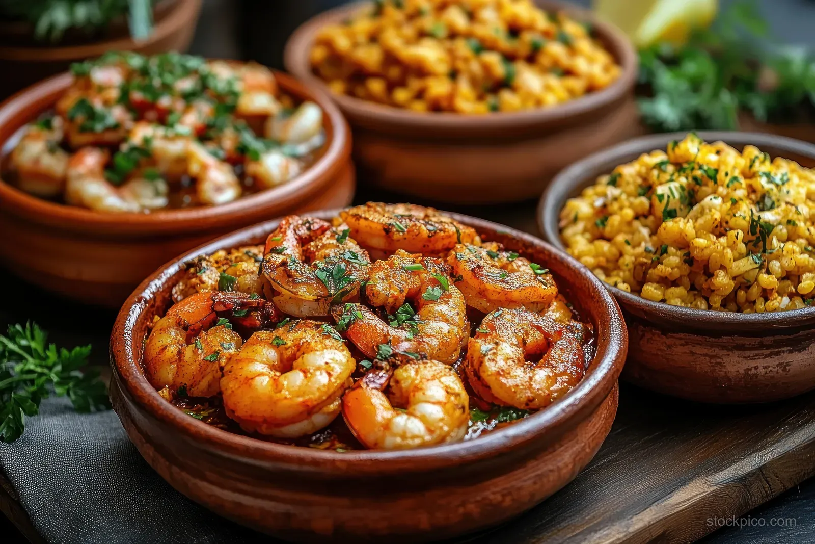Cooked shrimp in a bowl garnished with herbs, with seasoned grains in nearby bowls on a wooden board.