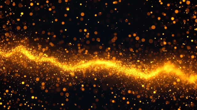 Golden glowing particles swirl into a bright wave across a dark background with sparkling bokeh.