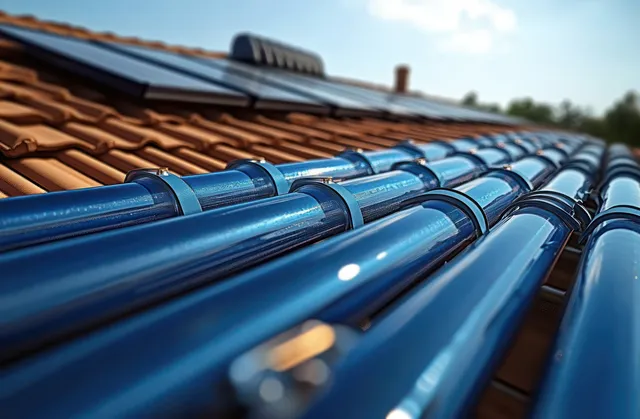 Blue solar collector tubes installed on a terracotta tiled roof with bright sunlight reflections against a clear sky.
