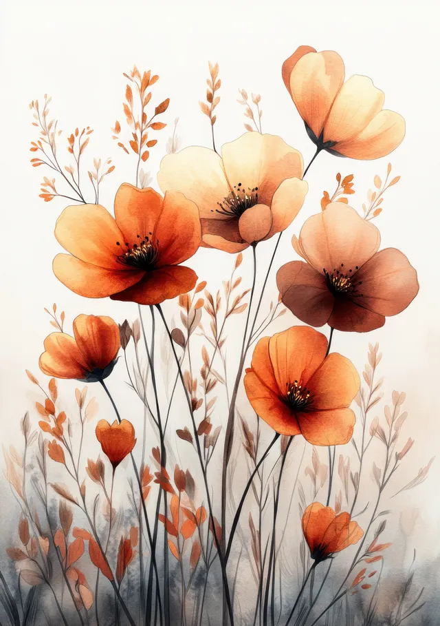 Watercolor wildflowers in a botanical frame with pressed petals and soft autumn leaves