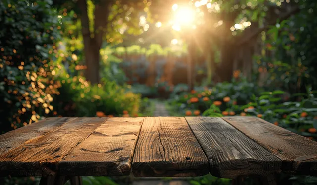 Rustic wooden tabletop in the foreground with a softly blurred sunlit garden and backyard BBQ background.