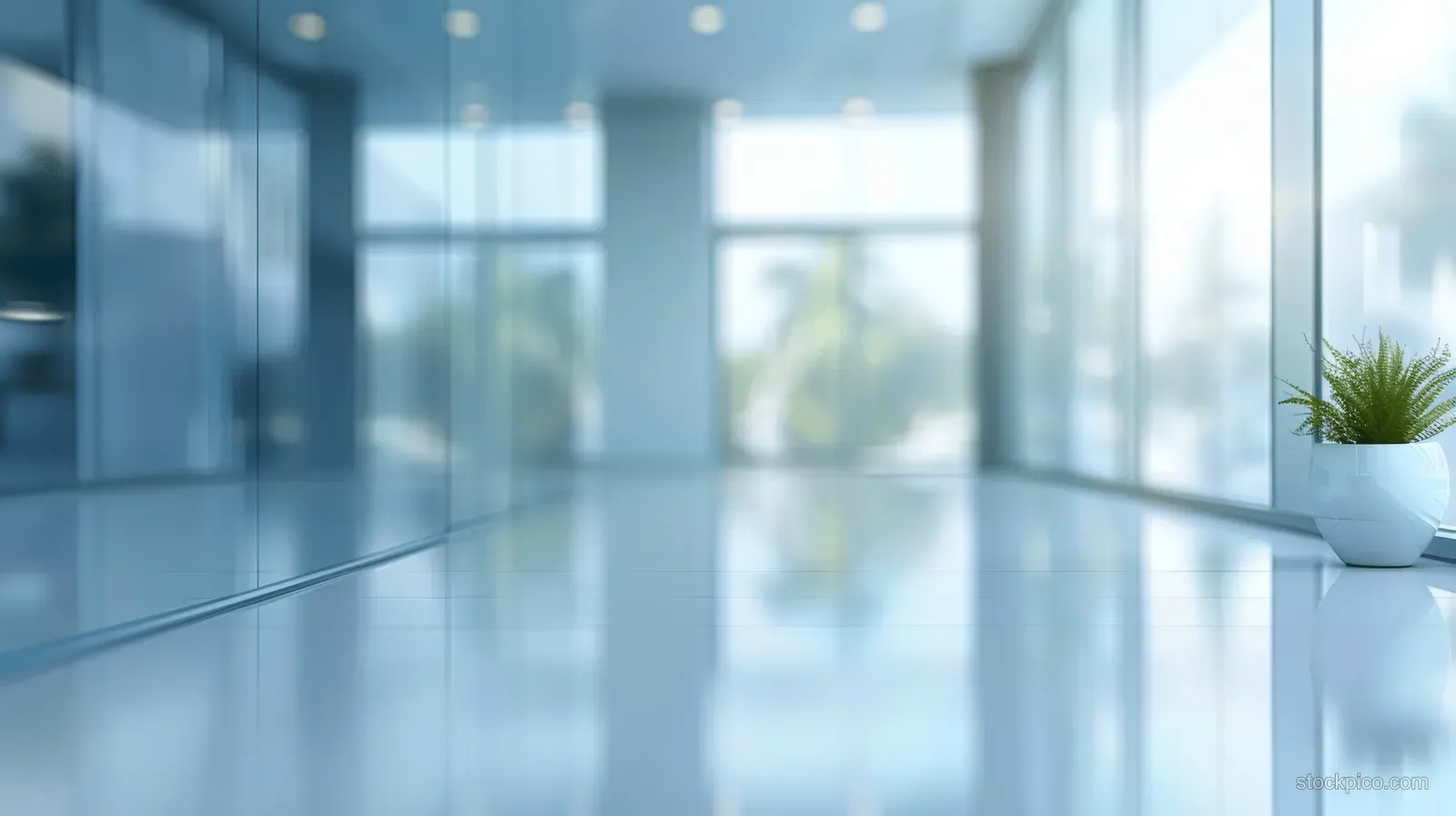 Minimal office interior with blurred glass reflections, daylight, and a small potted plant on a desk.