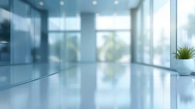 Minimal office interior with blurred glass reflections, daylight, and a small potted plant on a desk.