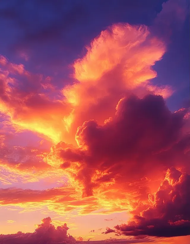 Fiery sunset sky with glowing orange and purple clouds lighting the distant horizon