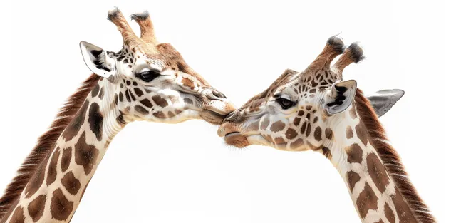 Two giraffes stretch their long necks and touch noses on an isolated white background.