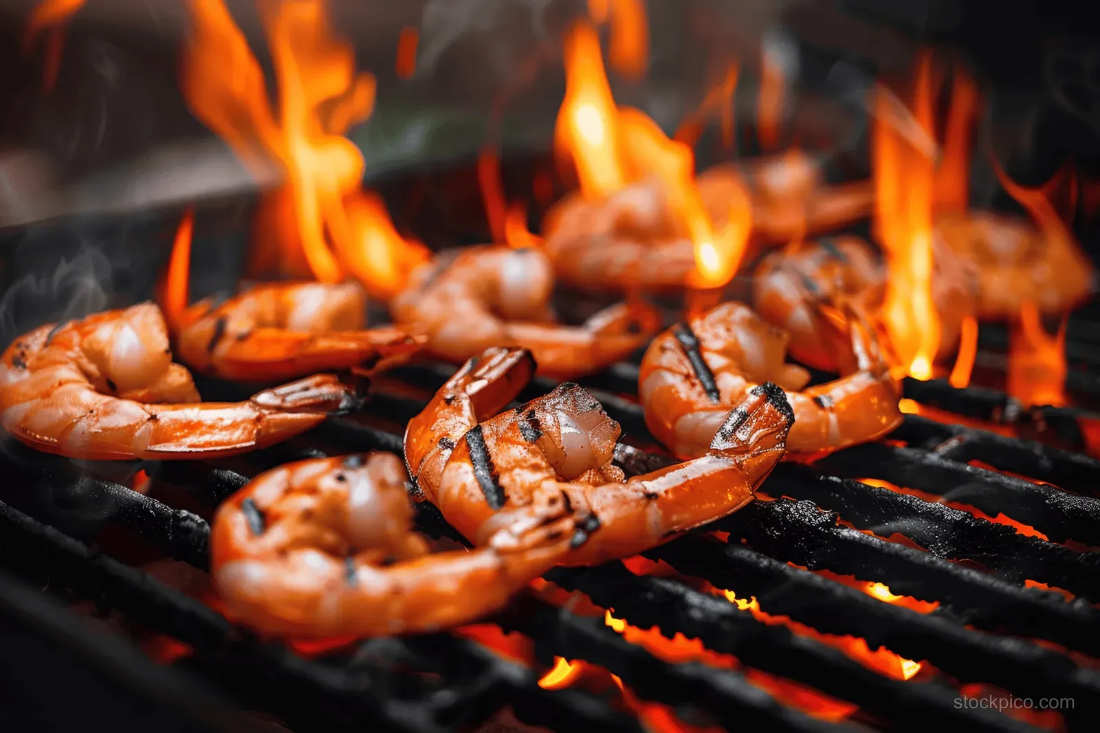 Grilled shrimp sizzle on barbecue grates with flames rising in the background.