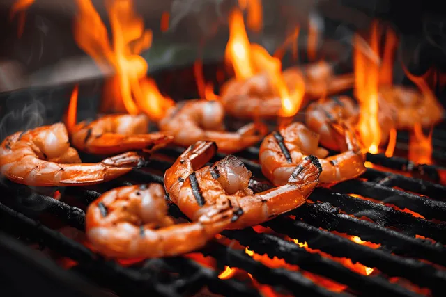 Grilled shrimp sizzle on barbecue grates with flames rising in the background.