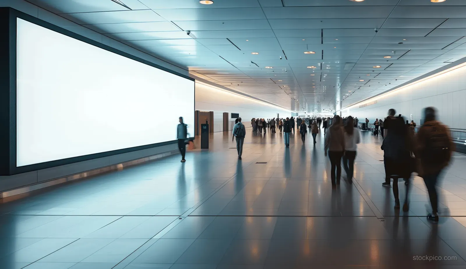 A blank white billboard hangs in an airport hallway as people walk by with motion blur.
