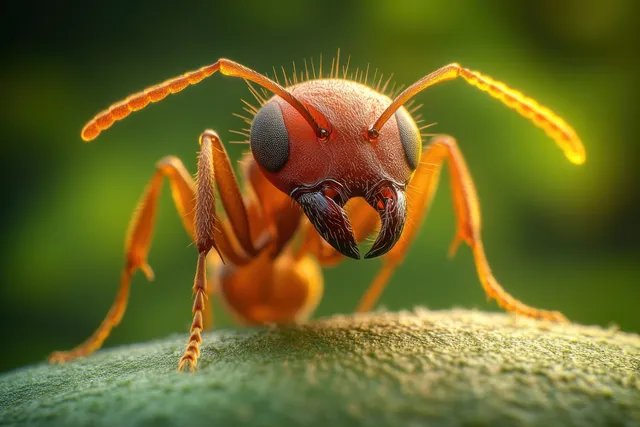 Orange ant with large black eyes and detailed mandibles standing on a textured green surface.