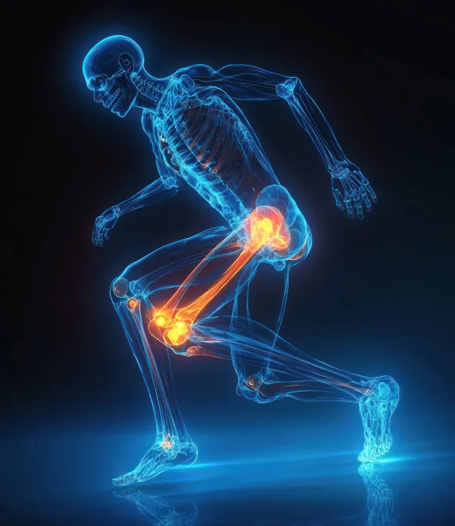 Transparent 3D skeleton running with orange highlighted hip, knee, and ankle joints on a dark background.