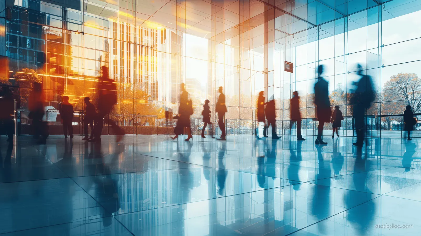 Silhouetted employees walk through a glass-walled office lobby, reflected on a polished floor.