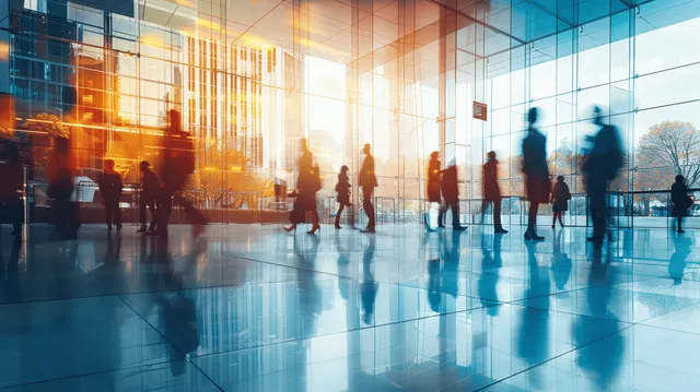 Office lobby with glass walls as silhouettes walk across reflective polished floor
