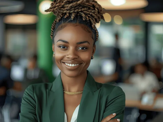 Confident businesswoman in a green suit stands in a modern office with a blurred team meeting behind her.
