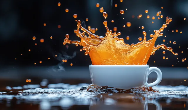 High-speed splash of golden coffee erupting from a white cup against dark studio backdrop
