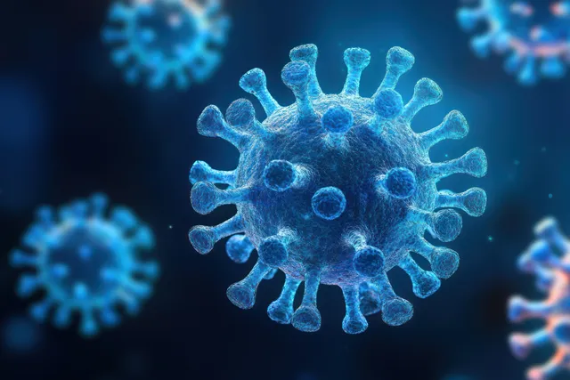 3D virus particles suspended in dark space with soft blue backlighting