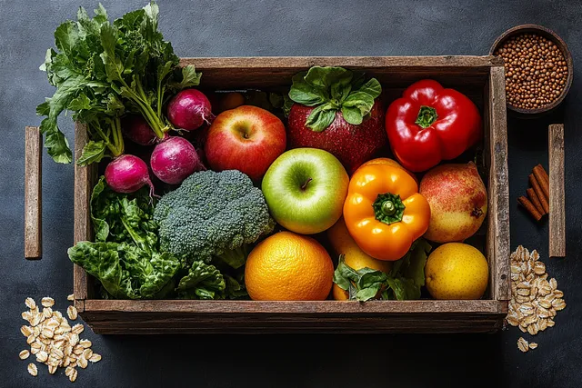 Rustic wooden crate brimming with mixed vegetables and fruits, scattered oats and spices
