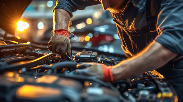 Mechanic technician checking car engine battery terminals with digital diagnostic tool in workshop