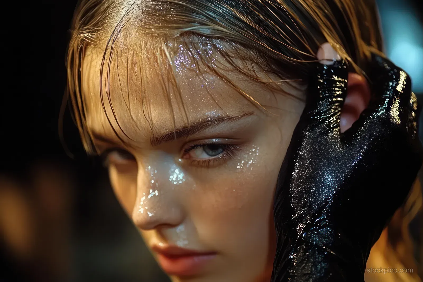Close-up portrait of a young woman with wet hair, glistening skin, and a shiny black glove in moody light.