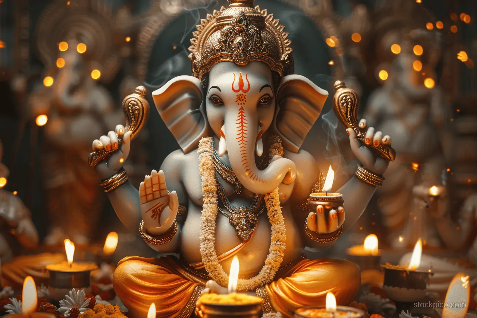 Lord Ganesha illustration seated in prayer with glowing candles, marigold garlands, and ornate golden ornaments.