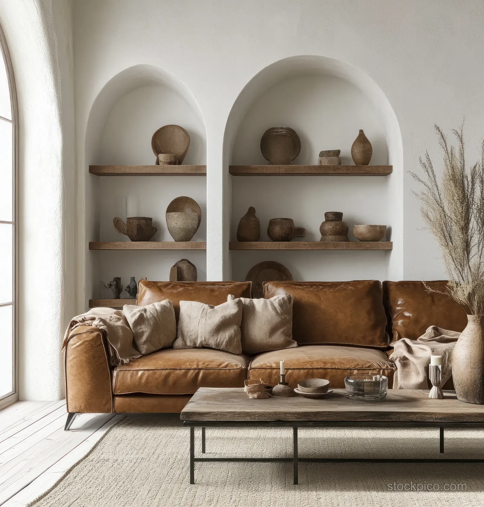 Brown leather sofa in a minimalist living room beneath arched shelves with earthy ceramic decor and natural light.