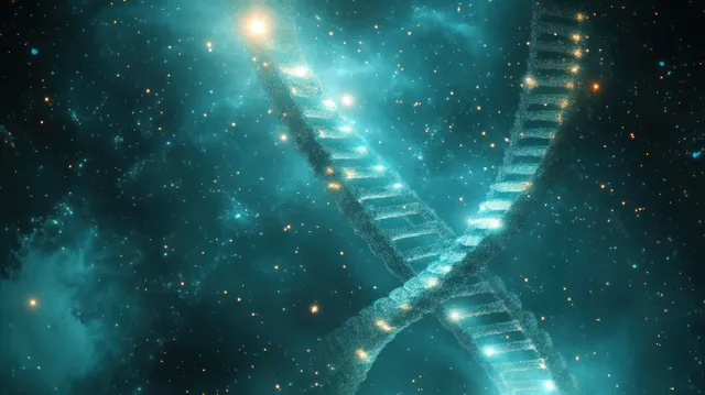Glowing double helix DNA twisting through a starry nebula cloud, cosmic light streaks