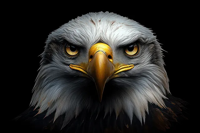 Intense Eagle Portrait with Golden Eyes on Black Background