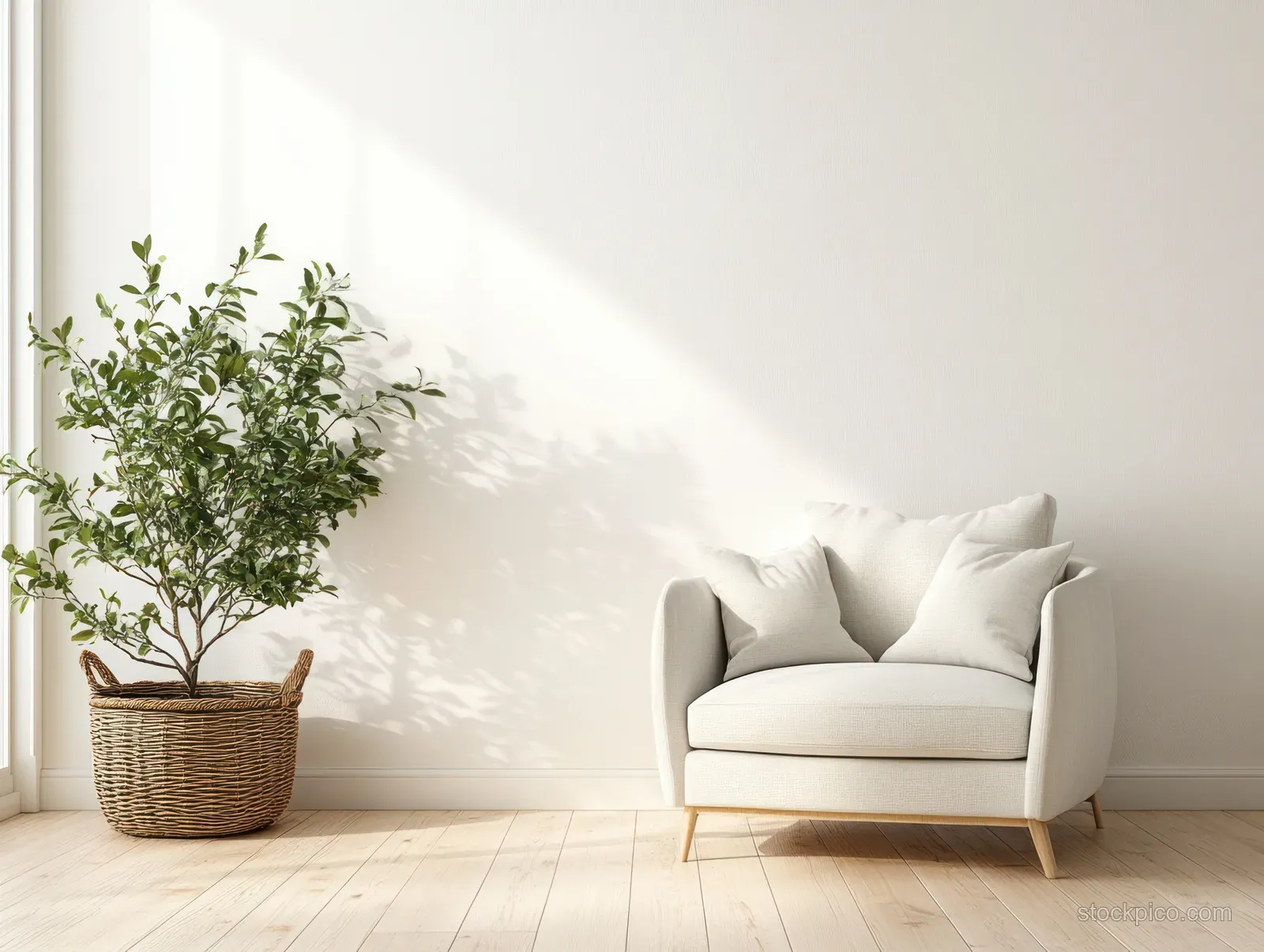 White armchair sits beside a wicker basket with a green leafy plant in a bright Scandinavian living room corner.