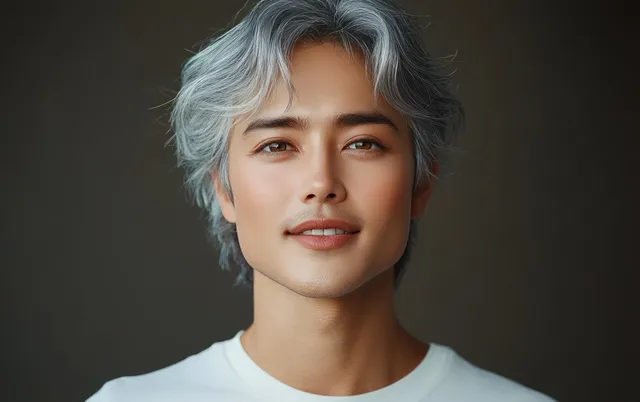 Silver-haired senior man in white shirt portrait with soft studio lighting and neutral background