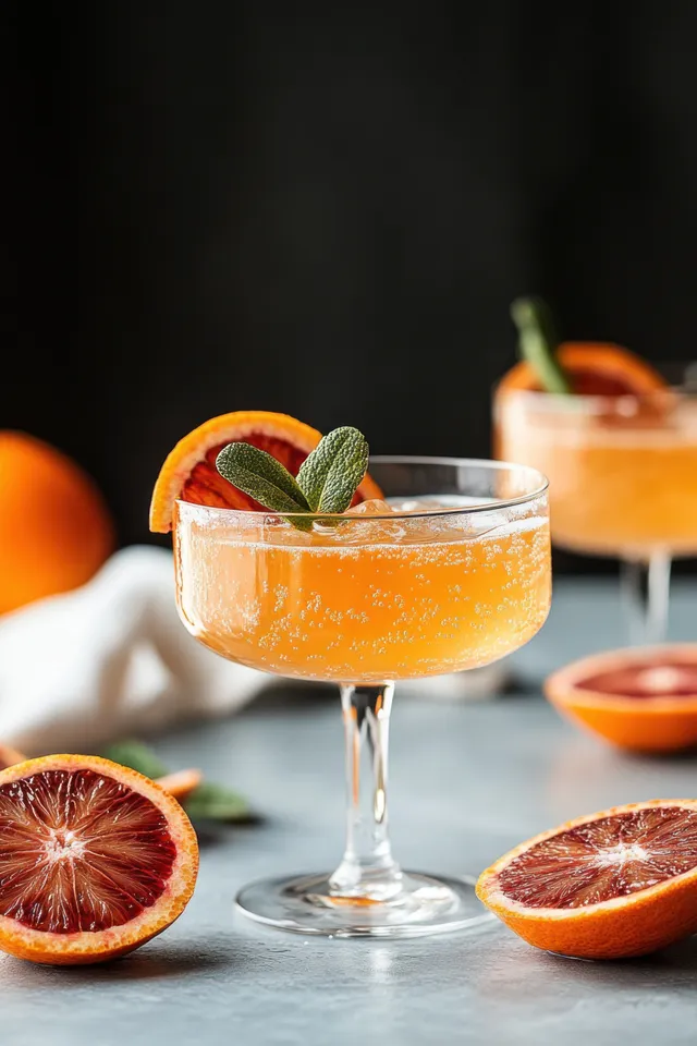 Blood orange cocktail in a coupe glass garnished with sage and surrounded by halved citrus on a table.