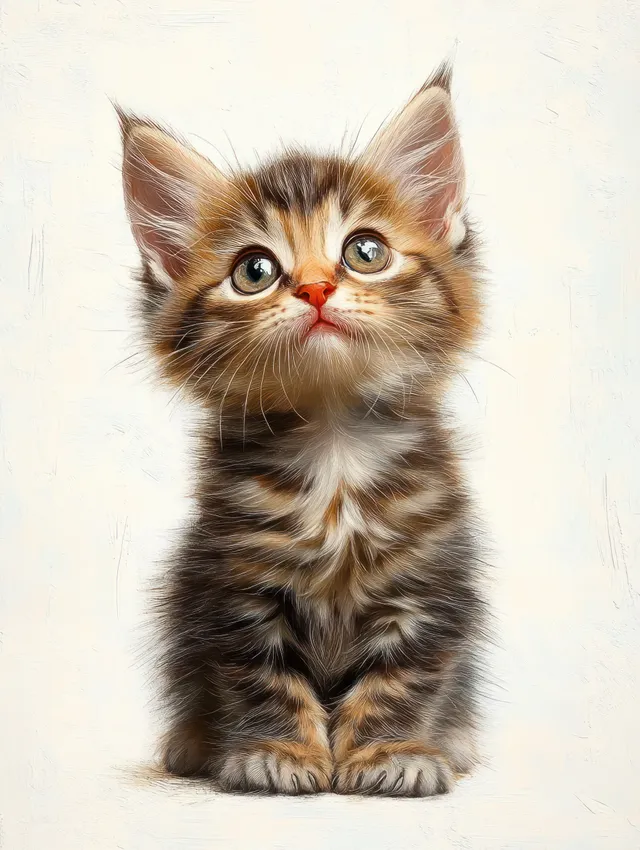 A fluffy tabby kitten sits and looks upward with wide eyes on a light neutral background.