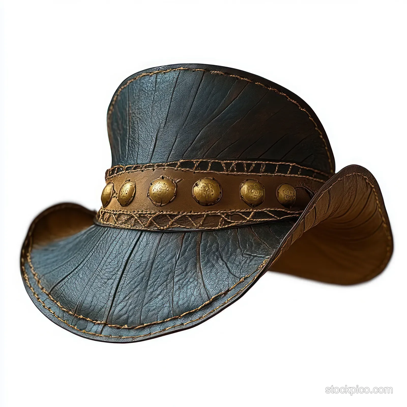 Dark leather western hat with curved brim and brass stud decorative band on a white background.