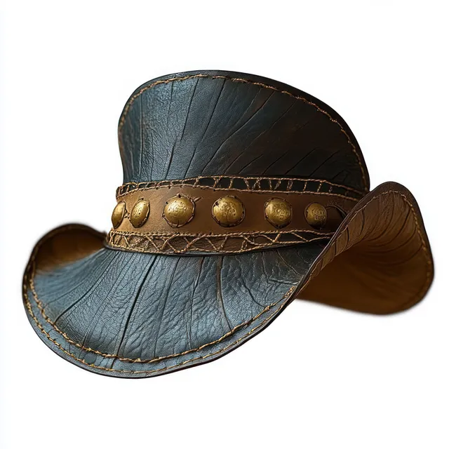 Dark leather western hat with curved brim and brass stud decorative band on a white background.