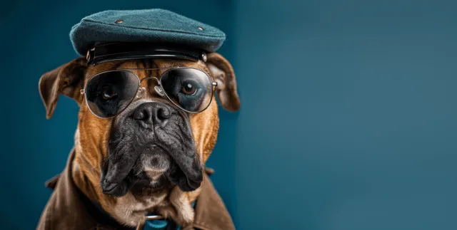 Bullmastiff police officer dog in uniform and sunglasses guarding with copy space