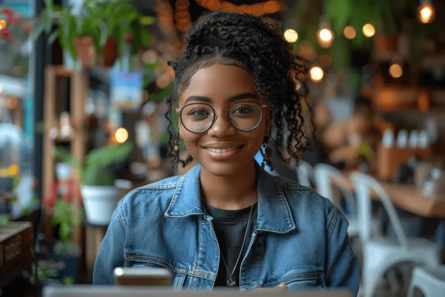 Young Black woman smiling while paying with smartphone at a cozy cafe table
