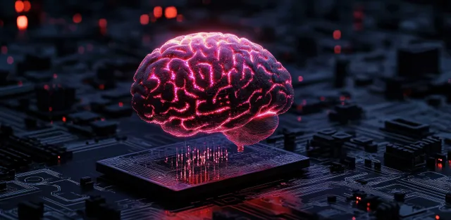 A glowing holographic brain hovers above a dark circuit board with red illuminated pathways.