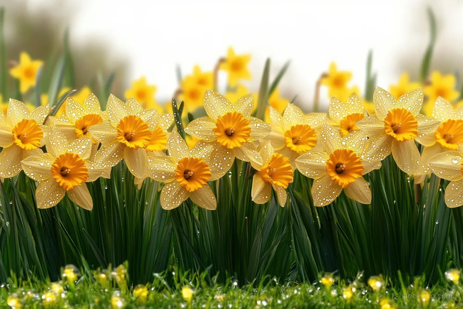 Sunlit yellow daffodils in a green meadow with dew droplets sparkling on textured petals.