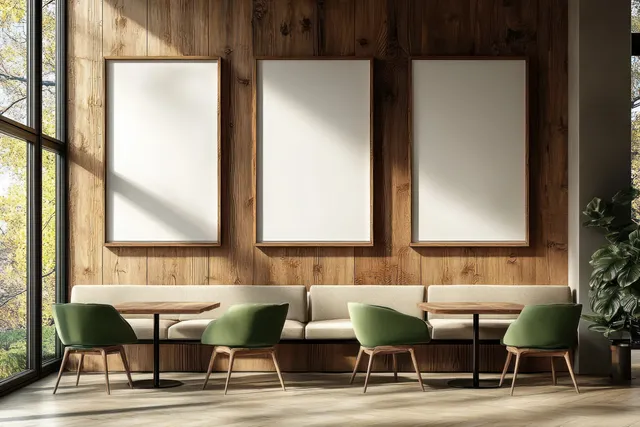 Green cushioned chairs line a wooden wall beneath three framed panels in a minimalist cafe interior.