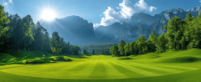 Golf cart on a sunny resort fairway with mountains, trees, and blue sky clouds