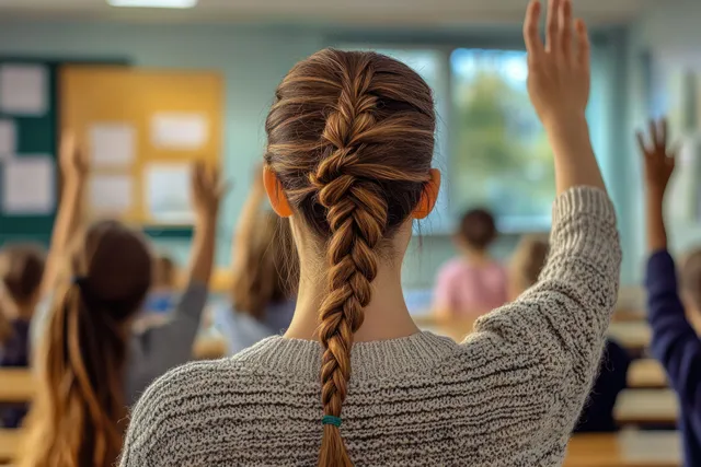 Classroom learning scene: students raise hands, girl in braided ponytail sweater from behind