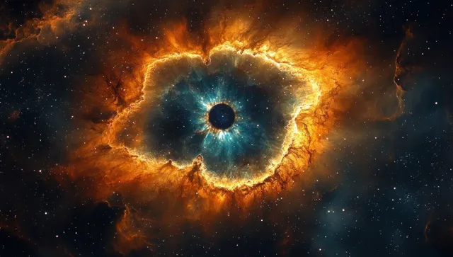 Eye-shaped cosmic nebula with a bright blue center and fiery orange ring glowing in a starry deep space background.