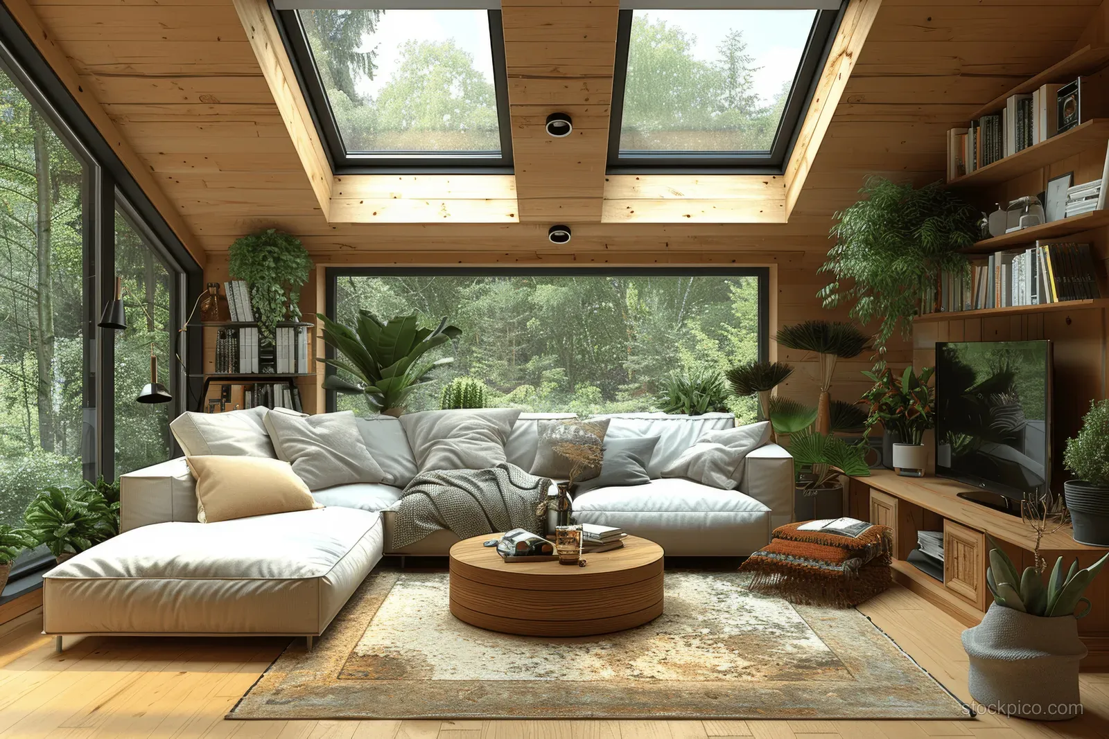 Warm attic living room with skylights, white sectional sofa, rustic coffee table, and potted plants along wooden walls.