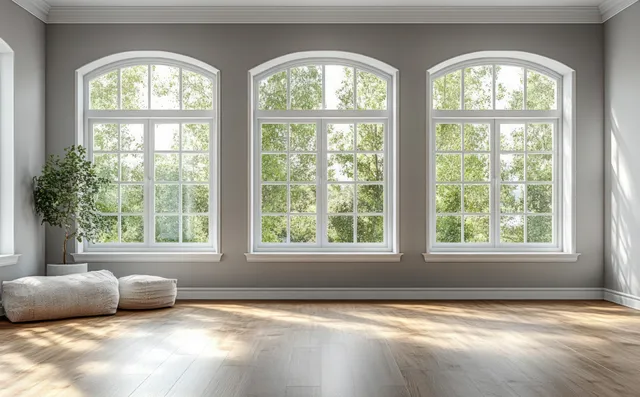 Minimalist living room with three arched windows letting in bright daylight over wooden floors and gray walls.