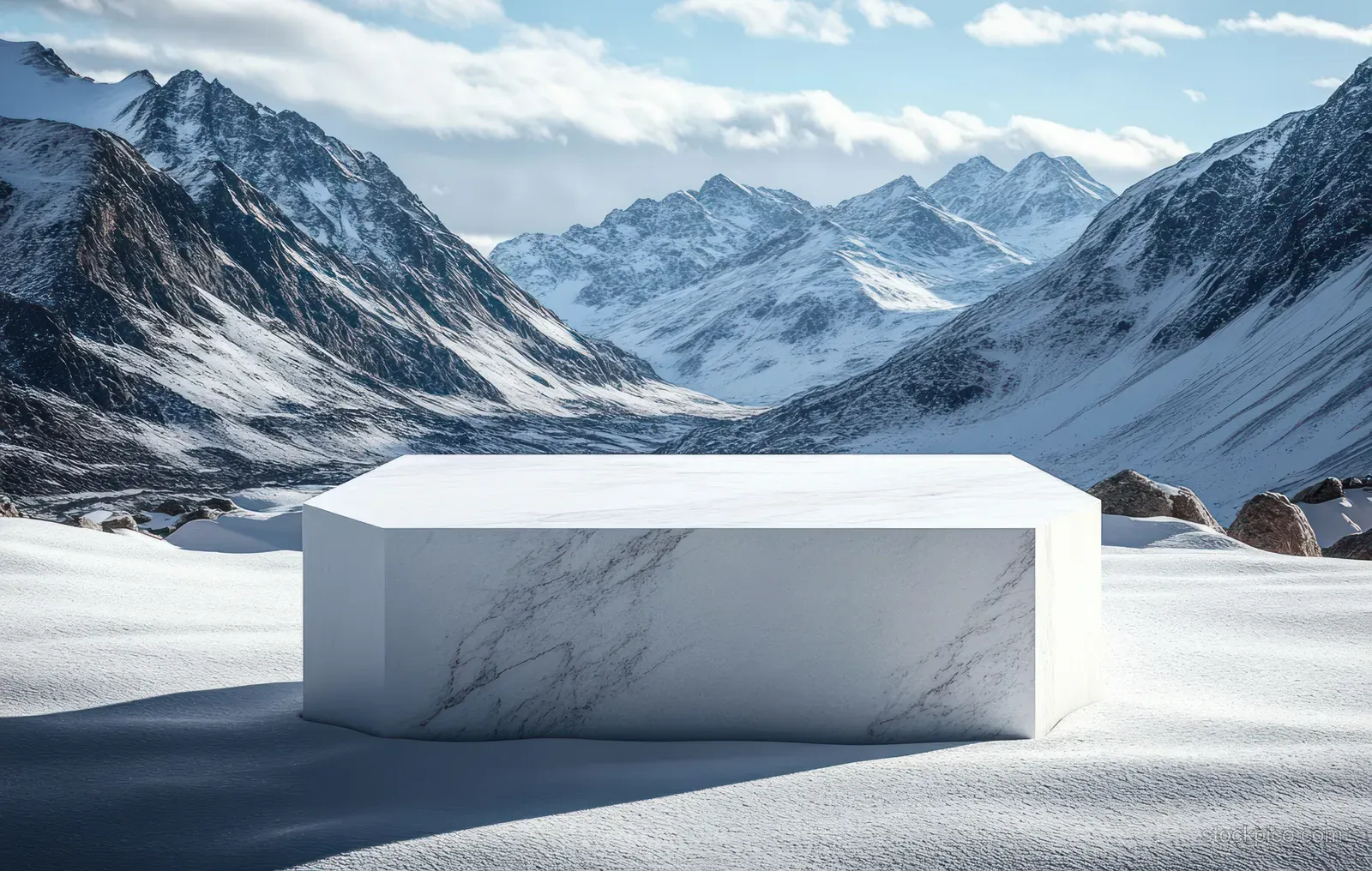 A smooth marble hexagonal block rests on pristine snow with distant alpine mountains under a clear blue sky.