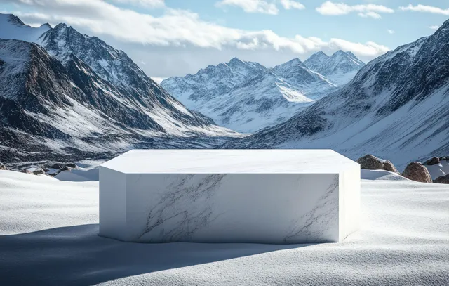 Marble hexagonal block on pristine snow in alpine mountains beneath clear blue sky