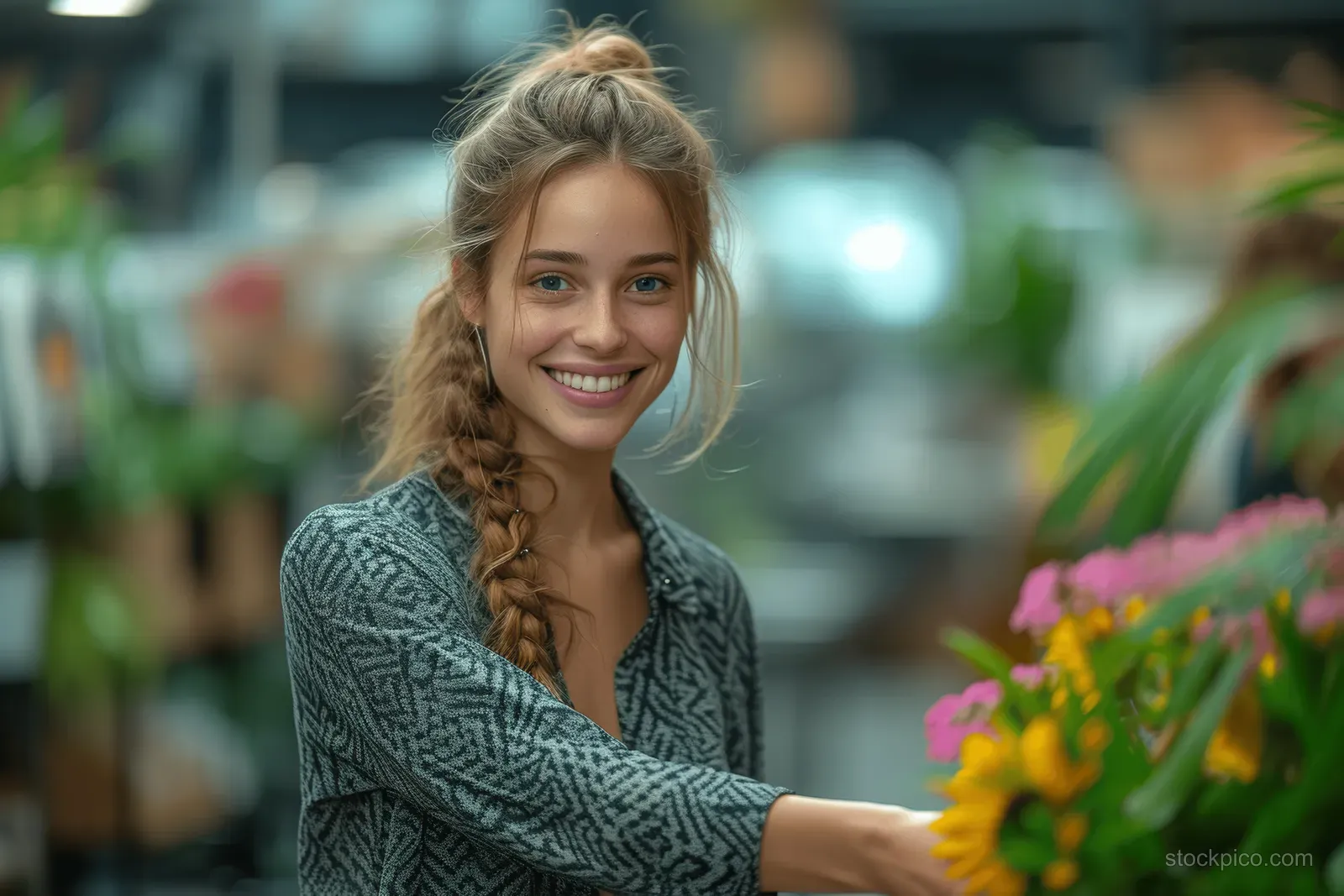 Smiling businesswoman shakes hands in a modern office meeting room with colorful flowers on a desk.