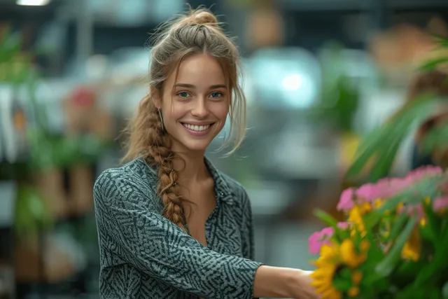 Smiling businesswoman shakes hands in a modern office meeting room with colorful flowers on a desk.