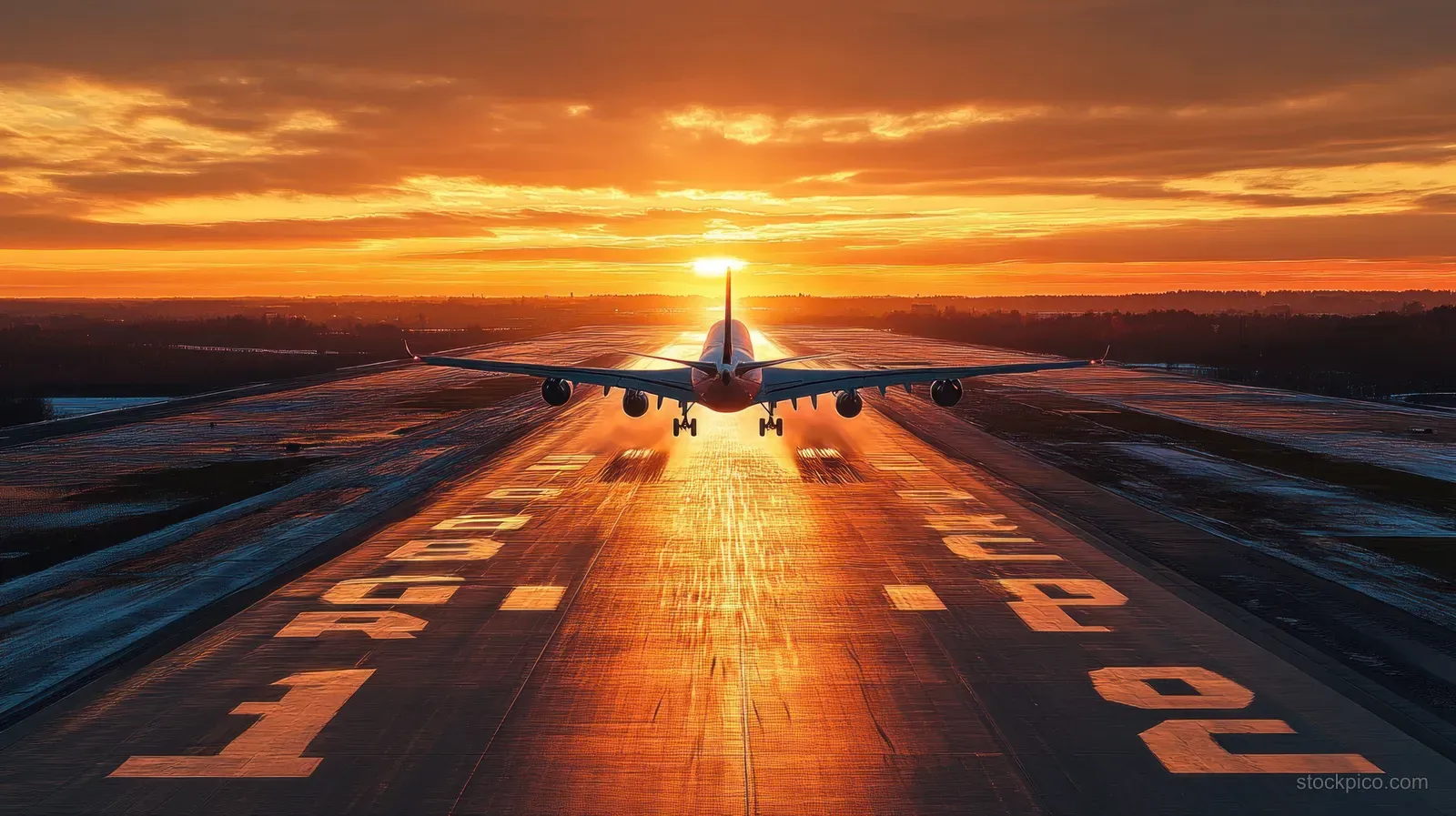 A large passenger airplane rolls along an airport runway under golden sunset light and dramatic clouds.