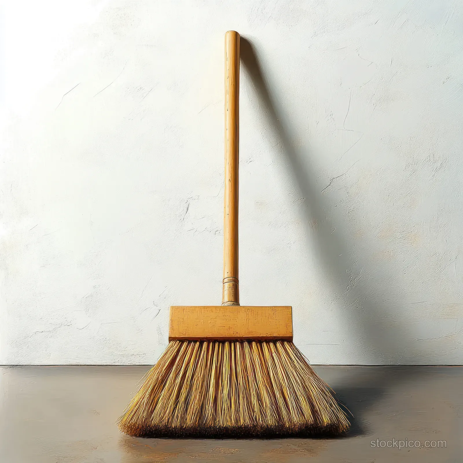 Golden bristle wooden broom upright on a clean white surface with a soft shadow underneath.